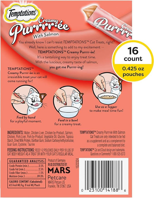 Temptations Creamy Puree with Salmon Lickable, Squeezable Cat Treats, 0.42 Oz Pouches, 16 Count Temptations