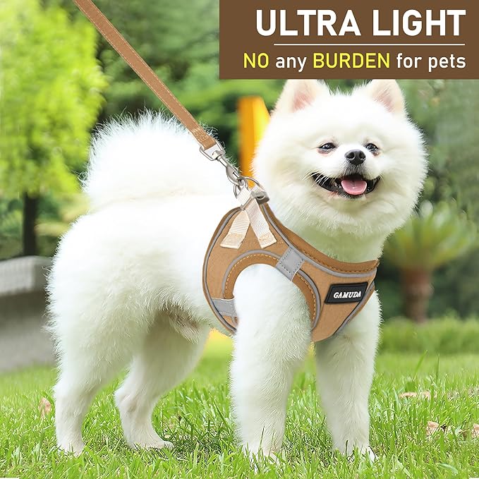GAMUDA Small Pet Harness Collar and Leash Set, Step in No Chock No Pull Linen Fabric Soft Mesh Dog Vest Harnesses Reflective for Dogs Puppy Cats Kitten Rabbit (Brown, L) GAMUDACollarsCollection