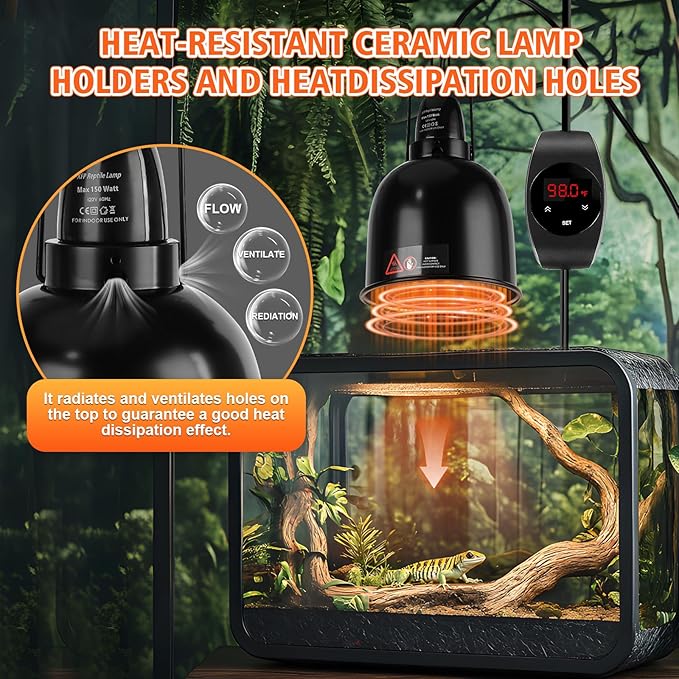 Reptile Light Fixture with Thermostatic Timer, 5.5'' Reptile Heat Lamp Fixture, Added Switch Control Function with 100W Heat Lamp Bulbs for Reptile Glass Terrariums PAWPICO