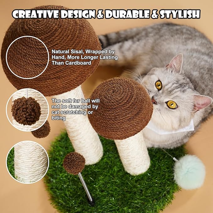 Odoland Cat Scratching Post Mushroom Natural Sisal Board Scratcher for Kitten Health and Good Behavior, Furniture Scratch Deterrent Accessories for Cats and Kitten Brown - PAWPICO