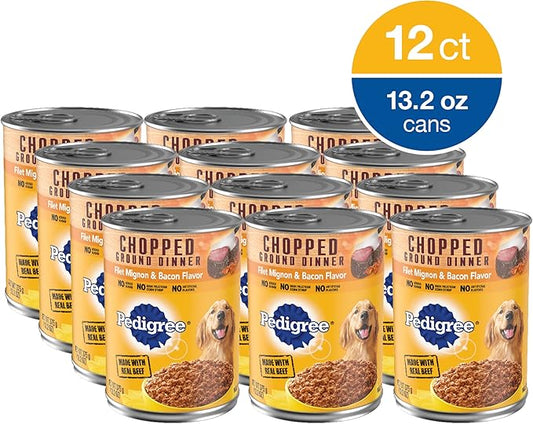 PEDIGREE CHOPPED GROUND DINNER Adult Canned Soft Wet Dog Food, Filet Mignon & Bacon Flavor, 13.2 oz. Cans (Pack of 12) - PAWPICO