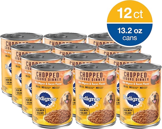 PEDIGREE CHOPPED GROUND DINNER Adult Canned Soft Wet Dog Food, Filet Mignon & Bacon Flavor, 13.2 oz. Cans (Pack of 12) - PAWPICO