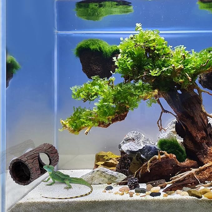 Reptile Tank Accessories, Leopard Gecko Tank Accessories, Terrarium Decorations for Arboreal Reptiles, Hermit Crabs, Leopard Gecko, Lizard Terrarium, (Barrel x 1pcs, Reptile Plants x 2Meter) EELLAO