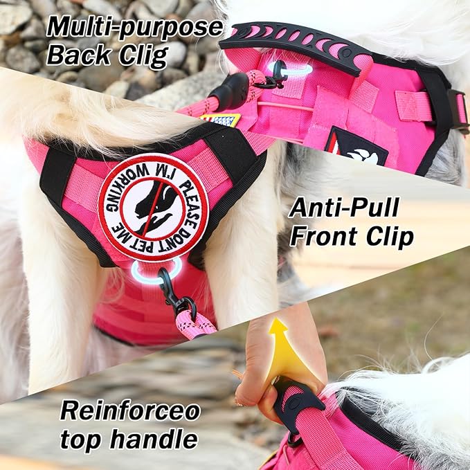 No Pull Tactical Dog Harness for Large Dogs, Escape Proof Molle Dog Vest Harness and Leash Set, Adjustable Military Service Dog Harness with Handle for Medium Large Dogs(L, Pink) Yungaspy