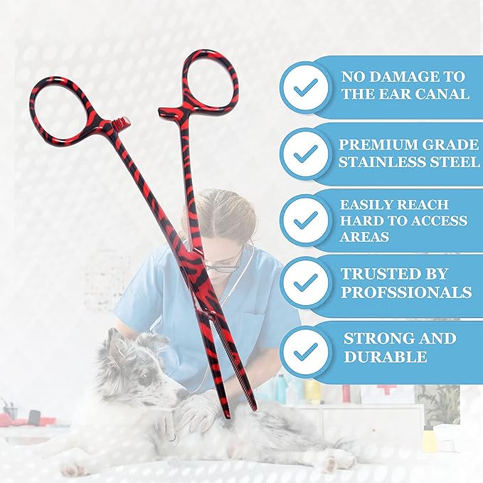 Dog Pet Ear/Nose Hair Puller Grooming Hemostat Locking Forceps Pliers, 5.5" (14cm), Straight (Red Swirls) A2Z+SCILAB