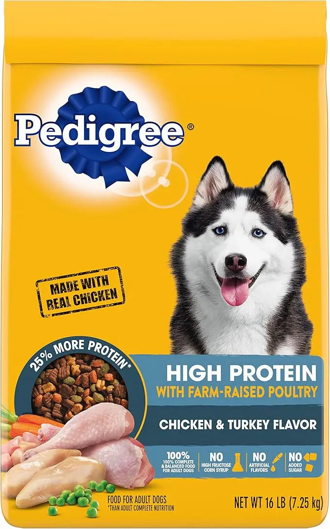 Pedigree High Protein Adult Dry Dog Food Chicken and Turkey Flavor Dog Kibble, 16 lb. Bag - PAWPICO