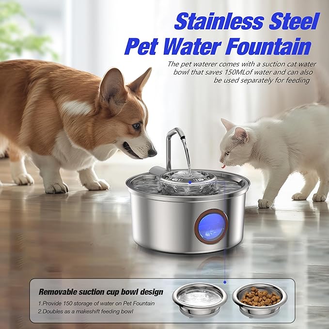 Cat Water Fountain,108oz/3.2L Stainless Steel Cat Fountain and Removable Water Bowl,Pet Fountain with Water Level Window,Quiet Pump,Multi-Filter, Water Tap, Provides Flowing,for Dog Cats - PAWPICO