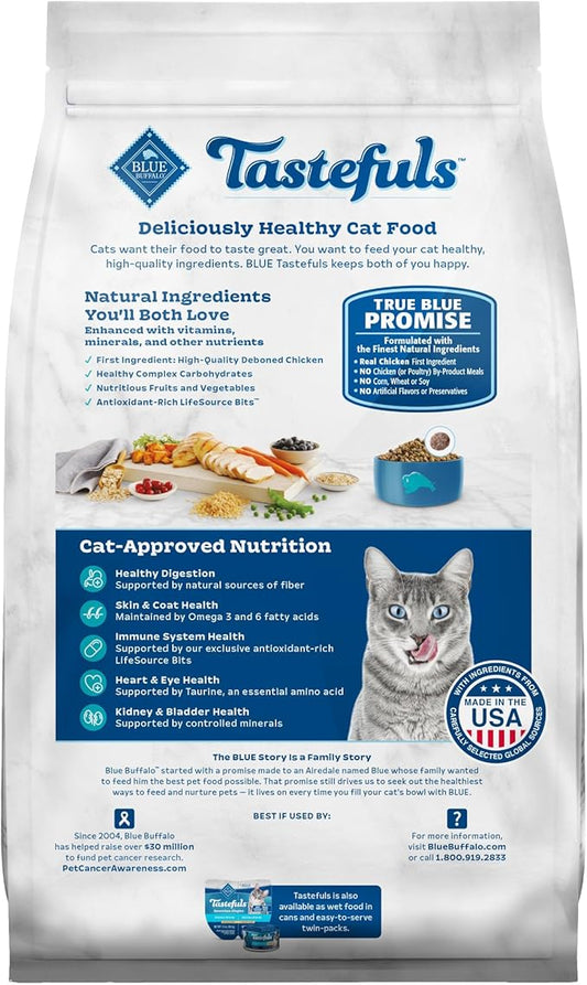 Blue Buffalo Tastefuls Adult Dry Cat Food Indoor Cat Formula, Made in the USA with Natural Ingredients, Chicken & Brown Rice Recipe, 3-lb. Bag - PAWPICO