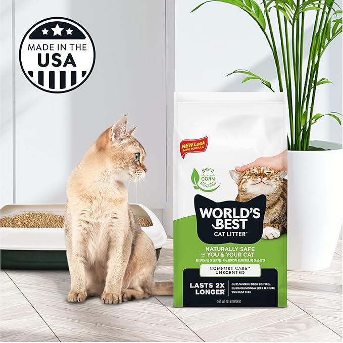 WORLD'S BEST CAT LITTER Comfort Care Unscented 15-Pounds - Natural Ingredients, Quick Clumping, Flushable, 99% Dust Free & Made in USA - Long-Lasting Odor Control & Easy Scooping - PAWPICO