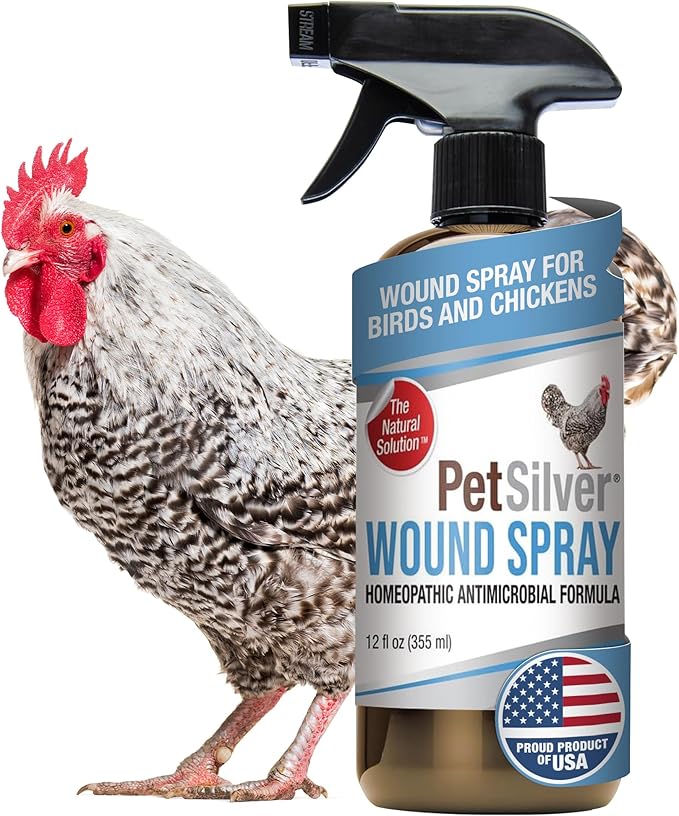 PetSilver Chicken Wound Spray for Chickens & Birds - Patented Silver Solution - Silver Spray for Wounds, Pecking Sores, Bumblefoot, Cuts, Burns, & Skin Irritations - Chicken Care - USA Made - 12 fl oz PetSilver