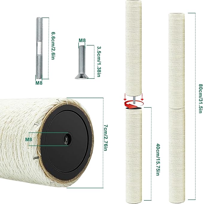 Cat Scratching Post Replacement Pole,4 PCS 15.7 in Cat Tree Replacement Post,Natural Sisal Cat Tree Replacement Parts with M8 Screws - PAWPICO