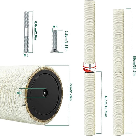 Cat Scratching Post Replacement Pole,4 PCS 15.7 in Cat Tree Replacement Post,Natural Sisal Cat Tree Replacement Parts with M8 Screws - PAWPICO