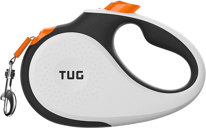 TUG Tiny 360° Tangle-Free Retractable Dog Leash with Anti-Slip Handle | 10 ft Nylon Tape | One-Handed Brake, Pause, Lock (White/Orange) TUG