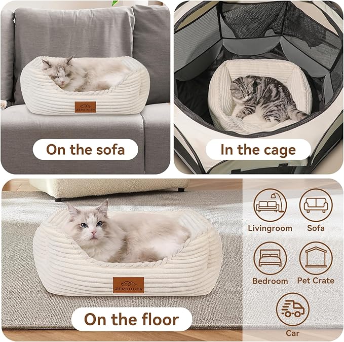 Cat Dog Bed for Pets, Rectangle Pet Bed Gift for Puppy and Kitten, Machine Washable Calming Fluffy Pet Couch Sofa for Indoor Outdoor, Portable Soft Cat Bed with Non-Slip Bottom (Small, Cream) - PAWPICO