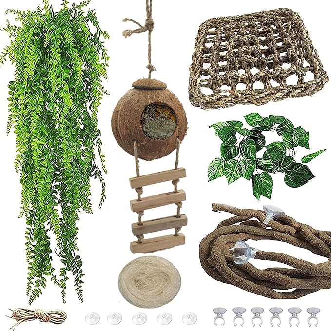 5PCS Coconut Hut for Gecko, Lizard Coco Den with Ladder and Reptile Hammock Bearded Dragon Tank Accessories Climbing Hanging Plants Jungle Vine Flexible Reptile Leaves Decor MUYG