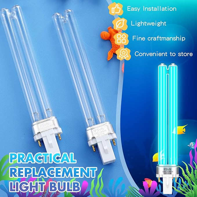 Qualirey 2 Pcs G23 Base 13 Watt UV Light Bulb Compatible with Jebao Pond Sunsun 2 Pin Base UV Light for Aquarium Compatible with Sunsun JUP 23 Grech Aquarium Filter Acomfortablehomestartshere