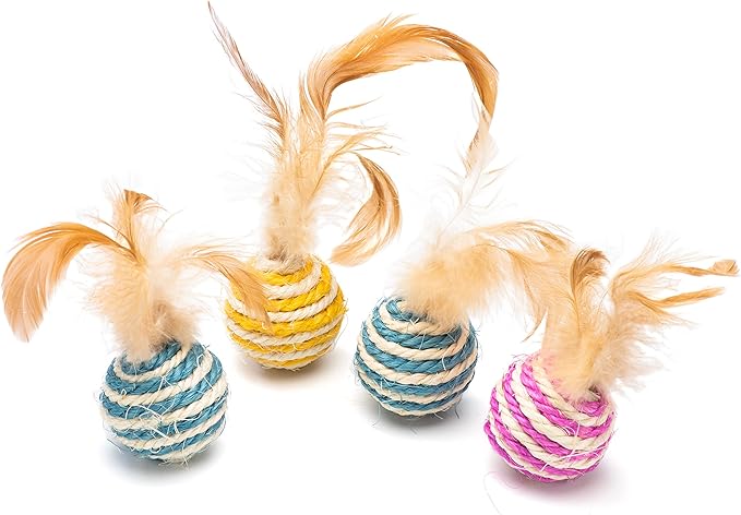 Cat Toy Feather Sisal Ball 4 Count,Mouse Catnip Cat Toys 6 Count- Handmade Cat Toys with Feathers, Scratch & Bite Resistant Sisal Balls for Cats (Random Color) - PAWPICO