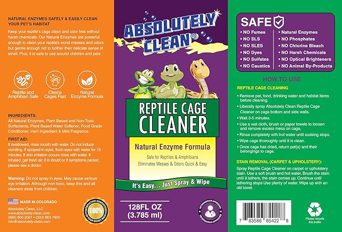 Amazing Reptile & Amphibian Terrarium Cleaner and Deodorizer - Just Spray/Wipe - Safely & Easily Removes Reptile & Amphibian Messes - USA Made (128oz Refill - Save 60%) AbsolutelyClean