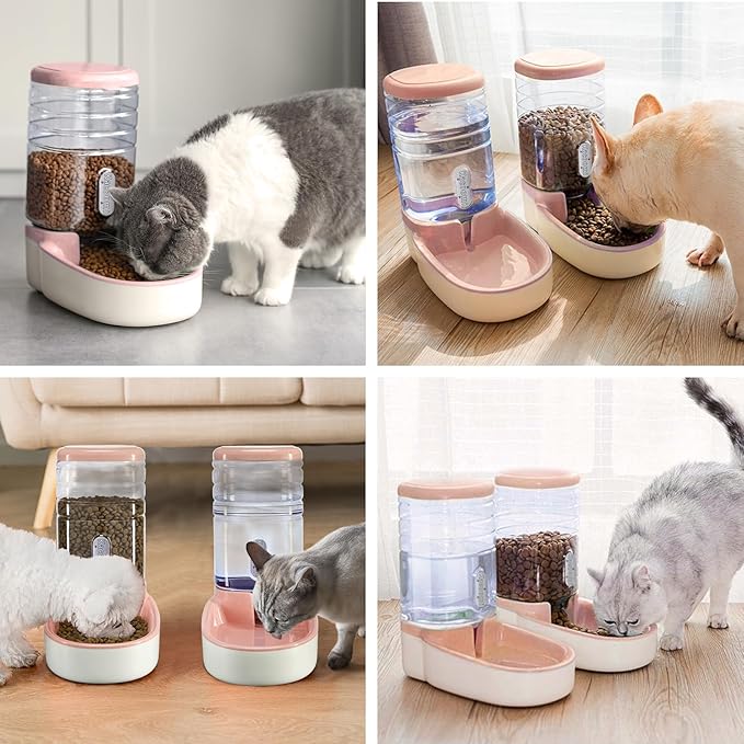Automatic Dog Cat Feeder and Water Dispenser Gravity Food Feeder and Waterer Set with Pet Food Bowl for Small Medium Dog Puppy Kitten, Large Capacity 1 Gallon x 2(Pink) - PAWPICO