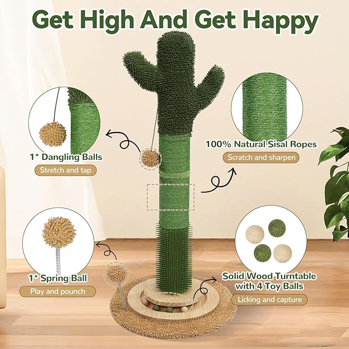OTOB 36" Tall Cat Scratching Post, Natural Sisal Rope Cactus Scratcher Post, Vertical 6-in-1 Interactive Turntable Cat Scratch Post with Soft Ball Toys, Protect Your Furniture for All Indoor Cats - PAWPICO