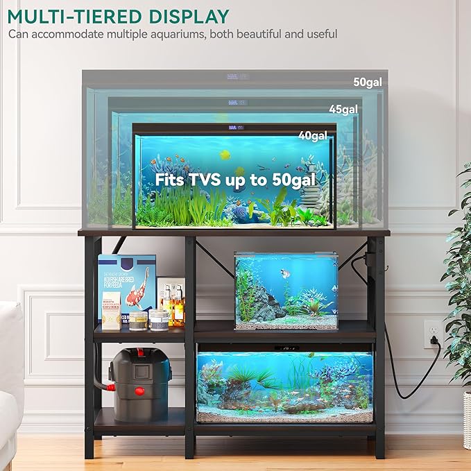 YITAHOME 40-50 Gallon Fish Tank Stand with Power Outlet, 40x18 Inch Metal Aquarium Stand with 3-Tier Adjustable Storage Shelves and Hooks, 700LBS Capacity, Black YITAHOME