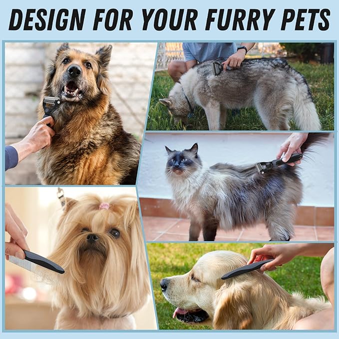 Pet Grooming Brush and Metal Comb Combo, Cat Brush Dog Brush for Shedding, Undercoat Rake for Dogs Grooming, Dematting Deshedding Brush Dogs Shedding Tool for Long matted Haired Pets, Gray - PAWPICO