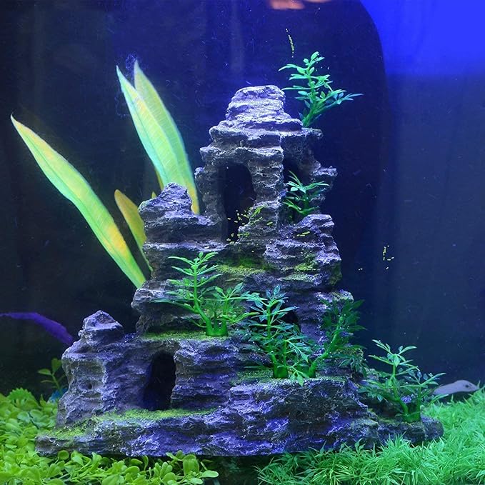 Saim Aquarium Mountain View Stone Ornament, Artificial Mountain Hill View Stone Rock Cave Aquarium Decorations Fish Tank Decor for Betta Cichlids Hideaway Cave, Hermit Crab Hideout - Large Saim