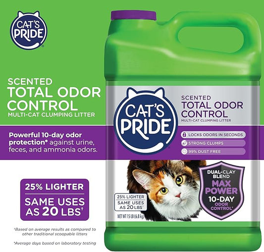 Cat's Pride Max Power: Total Odor Control - Up to 10 Days of Powerful Odor Control - Strong Clumping - 99% Dust Free - Multi-Cat Litter, Scented, 15 Pounds - PAWPICO