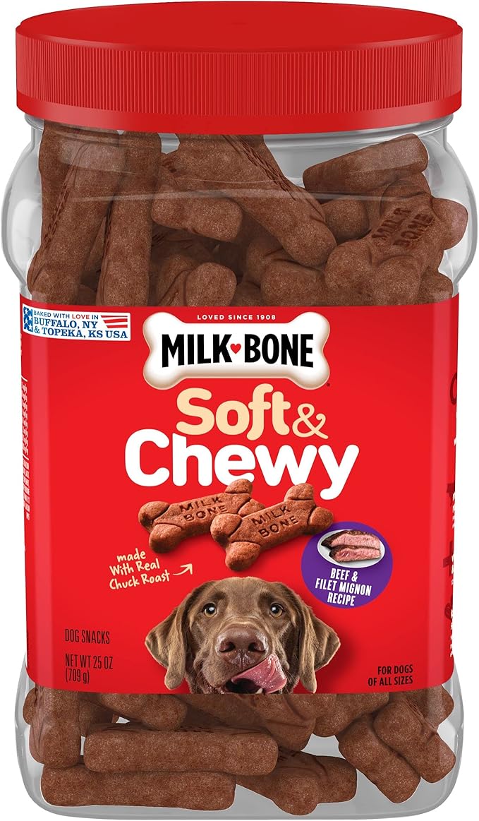 Milk-Bone Soft & Chewy Dog Treats Bundle: Beef & Filet Mignon Recipe 25 Ounce + Real Bacon 25 Ounce - PAWPICO