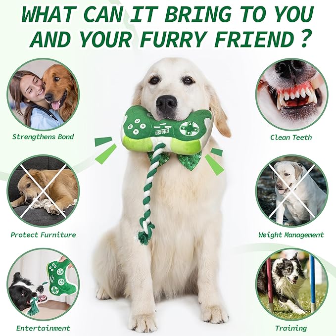 MTERSN Squeaky Dog Toys : Interactive Dog Plush Toy with Full Crinkle Paper and Cute Puppy Chew Toys with Rope - Funny Gaming Controller Shape Dog Birthday Gift (Green) - PAWPICO