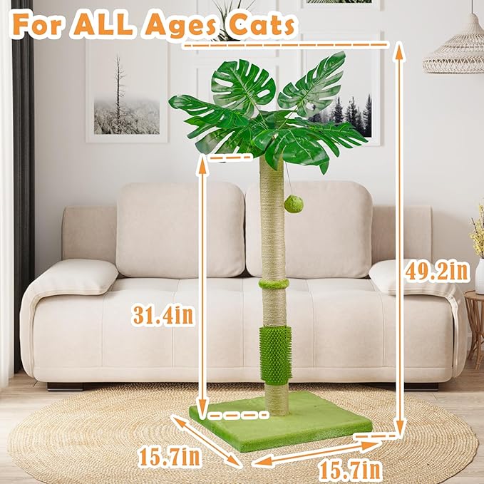 MeowHomm Cat Scratching Post, Cat Monstera Deliciosa for Indoor Cats with Natural Sisal Scratch Pole Hanging Sisal Ropes and Balls, Cute 40" Tall Cat Scratcher for Large Cat and Kittens - PAWPICO