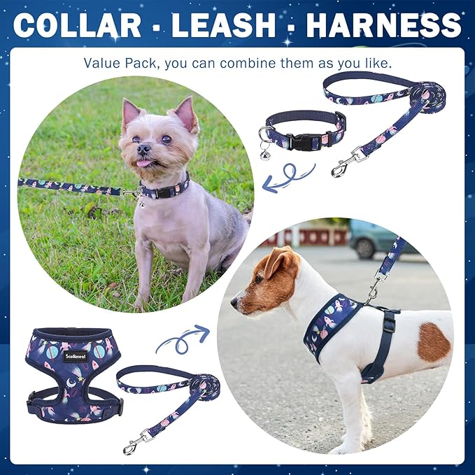 SCENEREAL Small Dog Harness Collar and Leash Set, Adjustable No Pull Pet Harnesses, No Chock Soft Mesh Step in Vest for Doggie Puppy Medium Dogs Cats Girl or Boy,Chihuahua, Yorkie, Outdoor Walking SCENEREAL