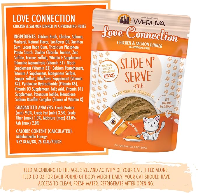 Weruva Wet Cat Food, Love Connection with Chicken and Salmon Pate, 2.8oz Slide N Serve Pouch, Pack of 12 - PAWPICO