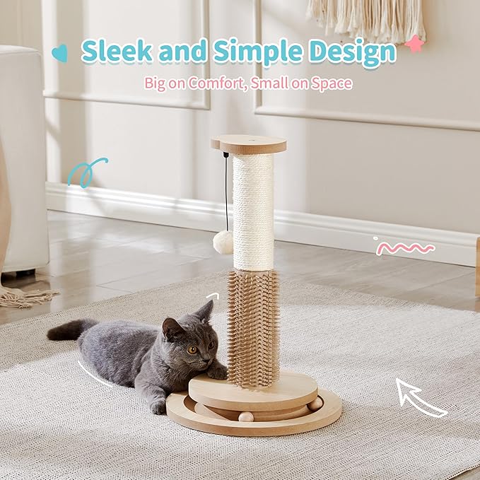 Made4Pets Cat Scratching Post 18" Tall for Small Kittens, 4-in-1 Cat Scratcher with Natural Sisal Ropes, Wooden Turntable Track Toy with Self Grooming Brush, Premium Scratch Pole with Plush Balls - PAWPICO