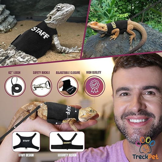 Premium 2Pack Bearded Dragon Leash and Harness Set-Costume and Clothes for Bearded Dragon-Adjustable Bearded Dragon Harness for Secure Walks-Fun Staff and Security Designs TRECKPET