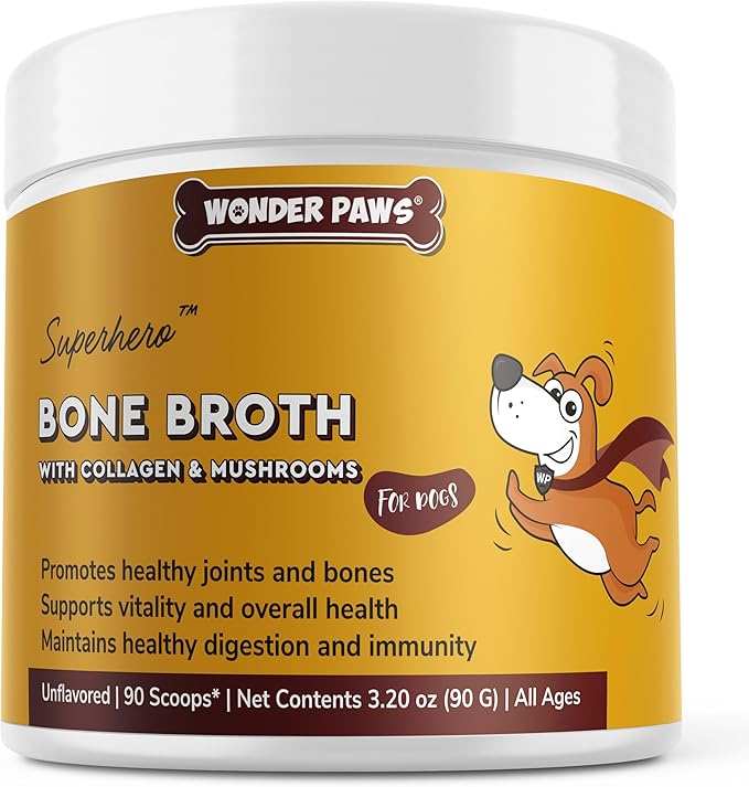 Bone Broth for Dogs – Bone Broth Powder with Organic Mushrooms & Collagen for Digestion, Immunity & Joint Support – Tasty Beef Supplement for Dogs of All Ages, Sizes & Breeds – 3.20 oz WonderPaws