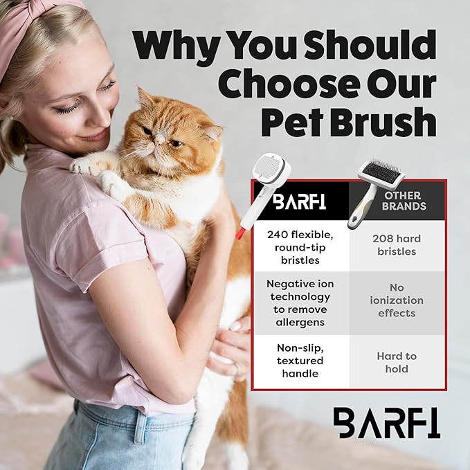 BARFI Pet Brush - Self-Cleaning Pet, Cat, Dog Shedding Brush - Multi-Functional Grooming Tool with Negative Ion Technology, Vibrating Massager, Wood's Lamp (White) - Free Pet Bowl - PAWPICO