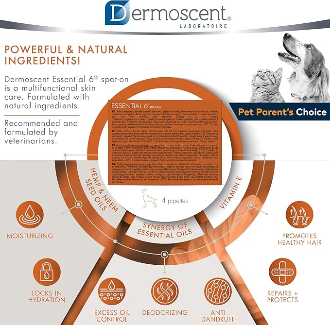Dermoscent Essential 6 spot-on - Dog Skin Care for Dandruff & Allergy Relief with Vitamin E Oil - Anti Itch for Dogs - Natural Ingredients for Sensitive Skin - Dogs 20-40 kg - 4 Pipettes of 2.4 ml Dermoscent