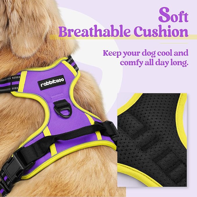 rabbitgoo Dog Harness No Pull with 2 Leash Clips, Adjustable Soft Padded, Reflective Oxford No Choke Pet Vest with Easy Control Handle for Large Dogs, Purple & Yellow, L rabbitgoo