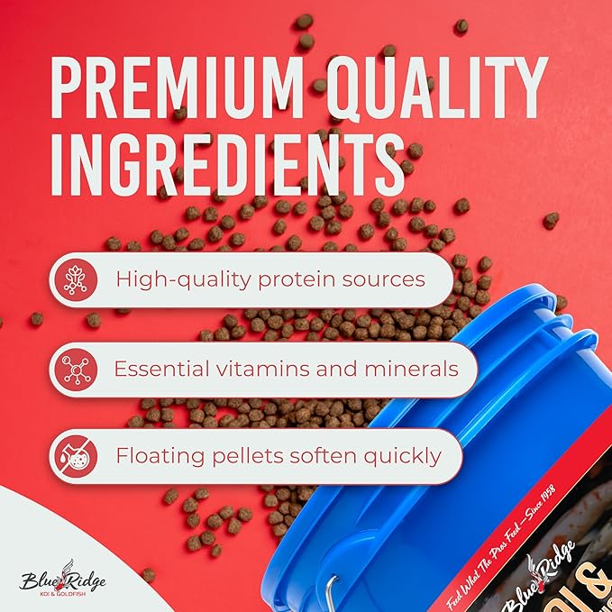 Blue Ridge Koi Fish Food 14lb - Koi Food Mini Growth Formula Goldfish Food, Premium Fish Food for Ponds, Ponds Fish Food, Koi Food Fall and Winter Fish Food, Floating Pond Pellets Fish Food BlueRidgeFishHatchery