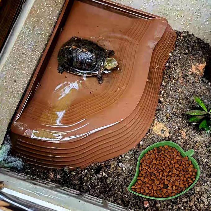 4PCS Tortoise Food Water Bowl with Ramp Leaf Tortoise Feeding Dish Reptile Bathing Pool Reptile Food Water Dish Turtle Habitat Accessories Aquarium Ornament for Gecko, Snake, Turtle, Bearded Dragon RYPET