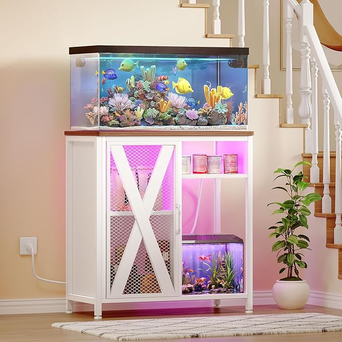 YITAHOME Fish Tank Stand with Power Outlets & LED Light, 20-29 Gallon Metal Aquarium Stand with Cabinet for Fish Tank Accessories Storage for Turtle Tank, Reptile Terrarium, 350LBS Capacity, White YITAHOME