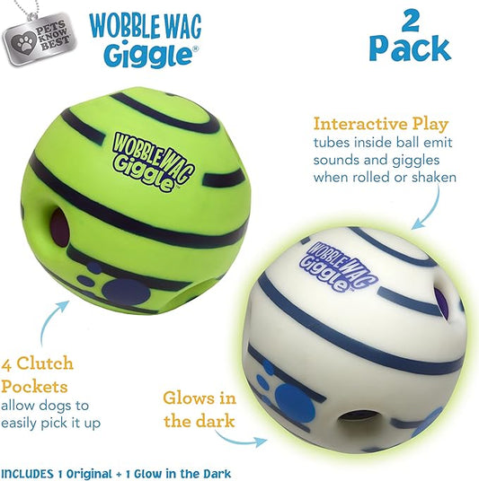 Wobble Wag Giggle Ball 2 Pack- Interactive Dog Toy, Fun Giggle Sounds When Rolled or Shaken, Pets Know Best, 1 Original & 1 Glow in The Dark Ball - PAWPICO