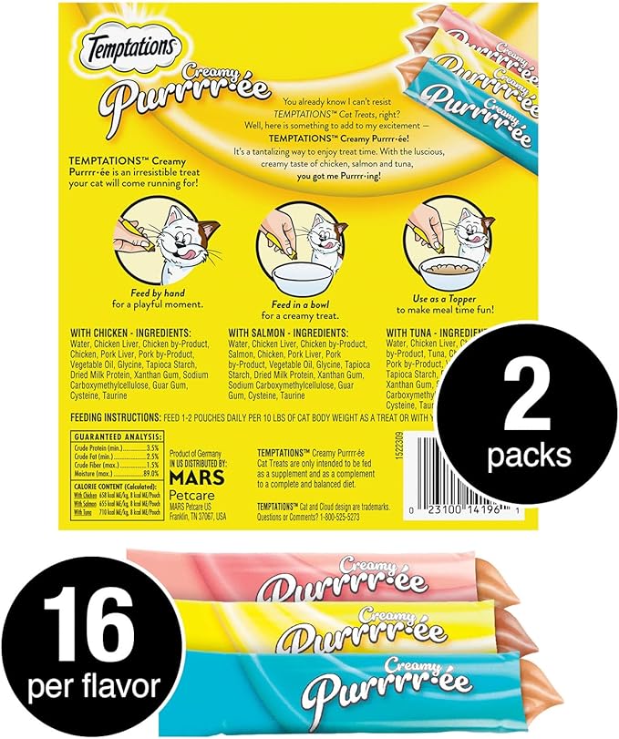 Temptations Creamy Puree with Chicken, Salmon, and Tuna Variety Pack of Lickable, Squeezable Cat Treats, 0.42 Oz Pouches, 48 Count Temptations