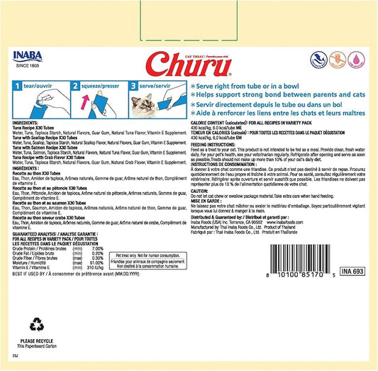INABA Churu Cat Treats, Lickable, Squeezable Creamy Purée with Vitamin E, 0.5 Ounces per Tube, 120 Tubes Total, Tuna Variety INABA