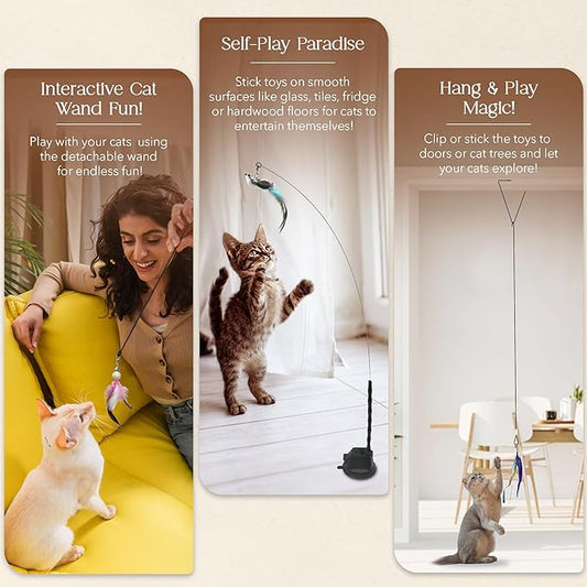 Interactive Bird Simulation Cat Feather Toy Set - Suction Cup Cat Toys for Indoor Cats, Natural Feathers, Bells & Easy Clip-On, Perfect for Indoor Cats - 2 Free Pads, Suctions to Ground - PAWPICO