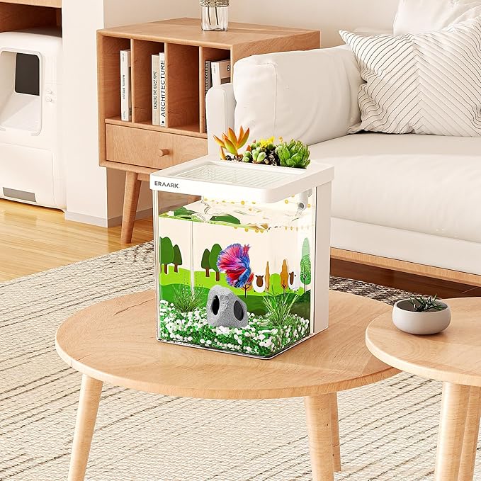 Aquarium kit 1.5 Gallon Betta Fish Tank self Cleaning, Fish Tank with Filter LED Light, Decorations Hideaway Rock Cave, Water Pump,Fish Bowl ERAARK