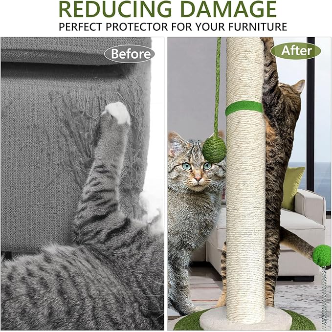 Cat Scratching Post 38" Tall Scratching Post for Indoor Cats Cat Scratcher Cat Tree Wrapped Sisal Rope Large Cat Scratching Post Cute Cat Scratching with Interactive Dangling Balls and Spring Ball - PAWPICO