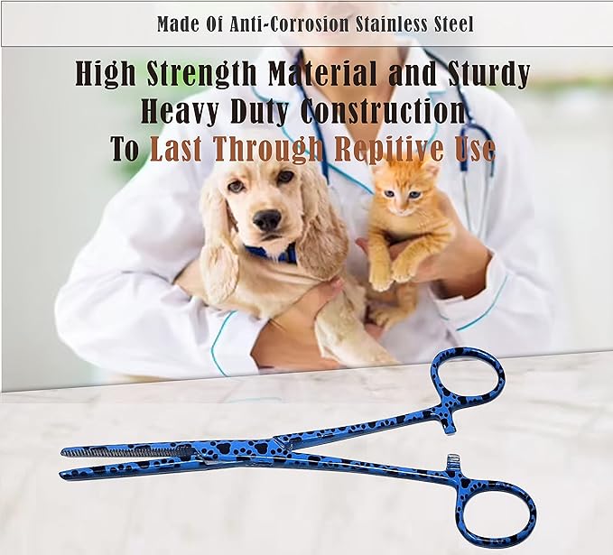 Dog Pet Ear/Nose Hair Puller Grooming Hemostat Locking Forceps Pliers, 5.5" (14cm), Straight (Blue Paws) A2Z+SCILAB