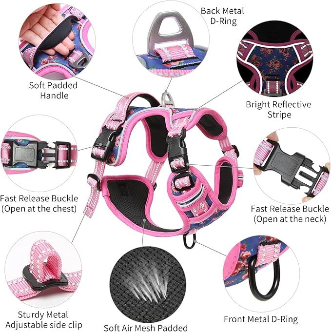 Timos No Pull Dog Harness,NO Need Go Over Dogs Head 3 Snap Buckles Reflective Oxford No Choke Harness with Front&Back 2 Metal Leash Clips Soft Padded for Small Medium Large Dogs,X-Large (Pack of 1) Timos
